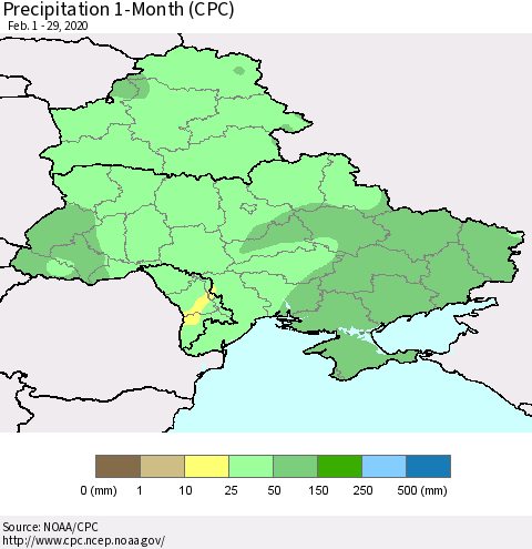 Ukraine, Moldova and Belarus Precipitation 1-Month (CPC) Thematic Map For 2/1/2020 - 2/29/2020