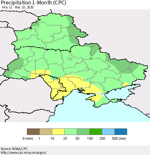 Ukraine, Moldova and Belarus Precipitation 1-Month (CPC) Thematic Map For 2/11/2020 - 3/10/2020