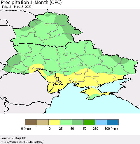Ukraine, Moldova and Belarus Precipitation 1-Month (CPC) Thematic Map For 2/16/2020 - 3/15/2020