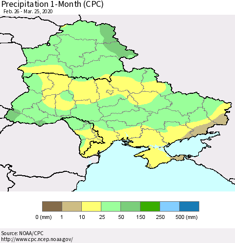 Ukraine, Moldova and Belarus Precipitation 1-Month (CPC) Thematic Map For 2/26/2020 - 3/25/2020