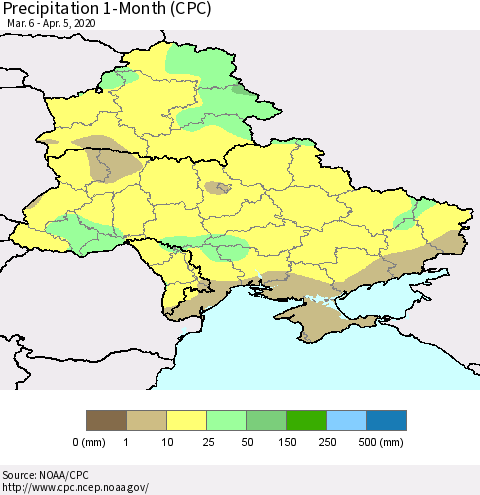 Ukraine, Moldova and Belarus Precipitation 1-Month (CPC) Thematic Map For 3/6/2020 - 4/5/2020