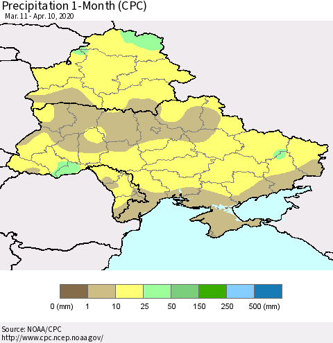 Ukraine, Moldova and Belarus Precipitation 1-Month (CPC) Thematic Map For 3/11/2020 - 4/10/2020