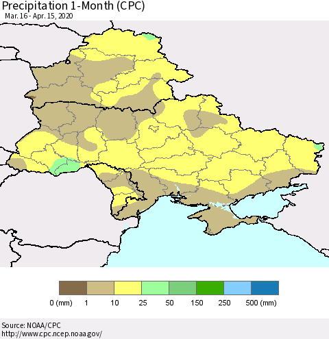 Ukraine, Moldova and Belarus Precipitation 1-Month (CPC) Thematic Map For 3/16/2020 - 4/15/2020