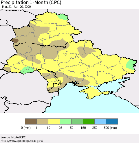 Ukraine, Moldova and Belarus Precipitation 1-Month (CPC) Thematic Map For 3/21/2020 - 4/20/2020