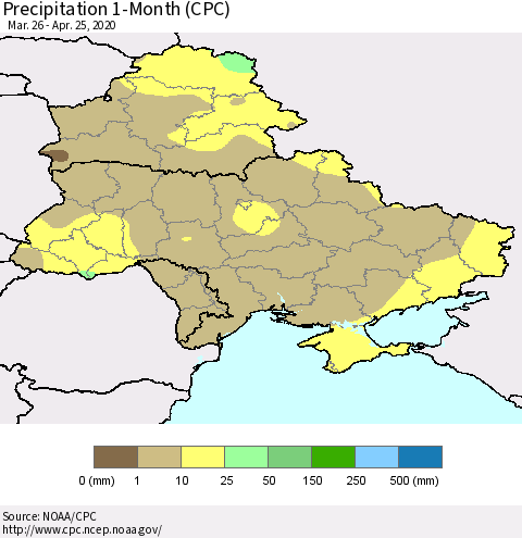 Ukraine, Moldova and Belarus Precipitation 1-Month (CPC) Thematic Map For 3/26/2020 - 4/25/2020