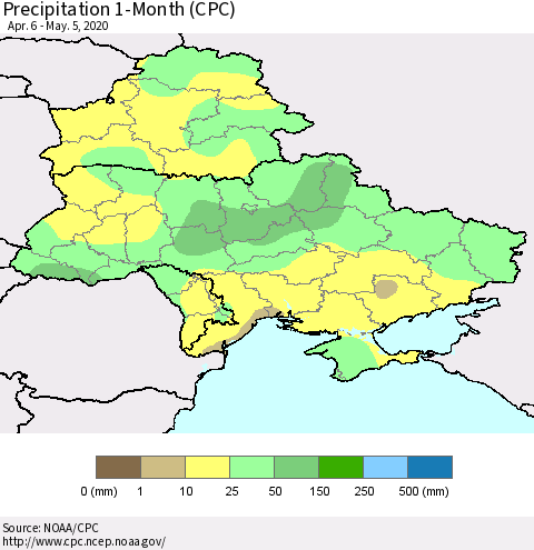 Ukraine, Moldova and Belarus Precipitation 1-Month (CPC) Thematic Map For 4/6/2020 - 5/5/2020