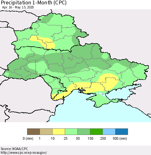 Ukraine, Moldova and Belarus Precipitation 1-Month (CPC) Thematic Map For 4/16/2020 - 5/15/2020
