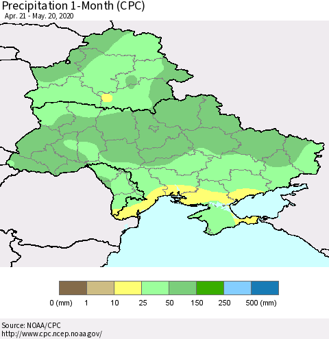 Ukraine, Moldova and Belarus Precipitation 1-Month (CPC) Thematic Map For 4/21/2020 - 5/20/2020