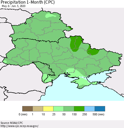 Ukraine, Moldova and Belarus Precipitation 1-Month (CPC) Thematic Map For 5/6/2020 - 6/5/2020