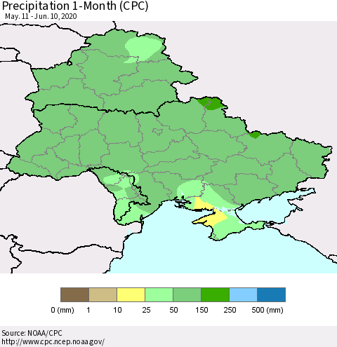 Ukraine, Moldova and Belarus Precipitation 1-Month (CPC) Thematic Map For 5/11/2020 - 6/10/2020