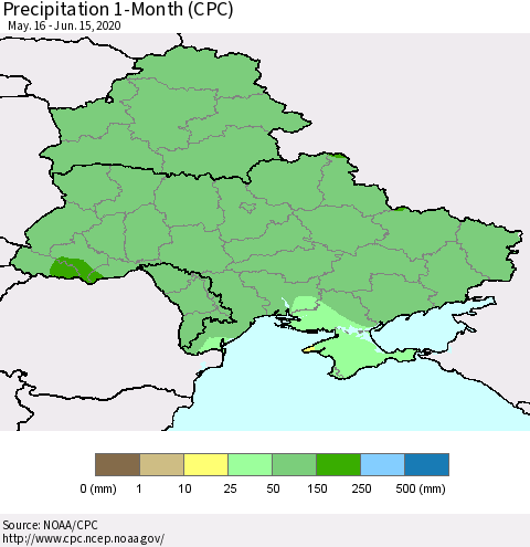 Ukraine, Moldova and Belarus Precipitation 1-Month (CPC) Thematic Map For 5/16/2020 - 6/15/2020