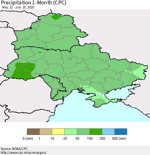 Ukraine, Moldova and Belarus Precipitation 1-Month (CPC) Thematic Map For 5/21/2020 - 6/20/2020