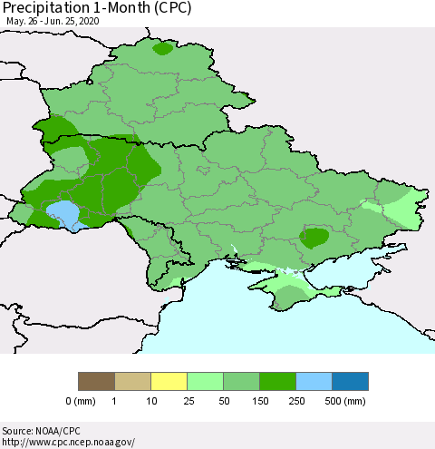 Ukraine, Moldova and Belarus Precipitation 1-Month (CPC) Thematic Map For 5/26/2020 - 6/25/2020