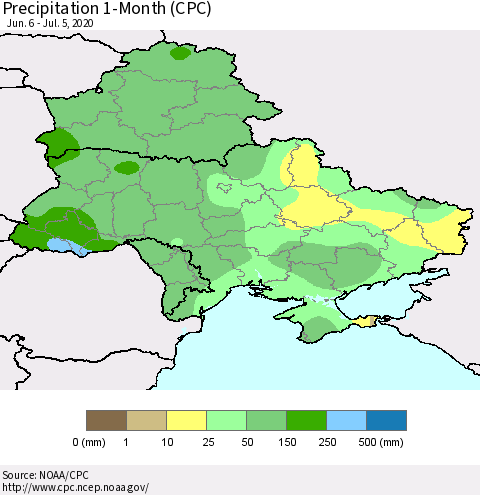 Ukraine, Moldova and Belarus Precipitation 1-Month (CPC) Thematic Map For 6/6/2020 - 7/5/2020