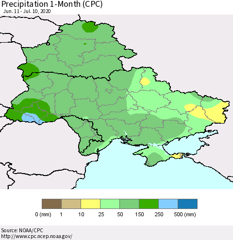 Ukraine, Moldova and Belarus Precipitation 1-Month (CPC) Thematic Map For 6/11/2020 - 7/10/2020