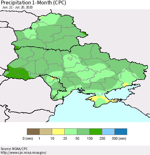 Ukraine, Moldova and Belarus Precipitation 1-Month (CPC) Thematic Map For 6/21/2020 - 7/20/2020