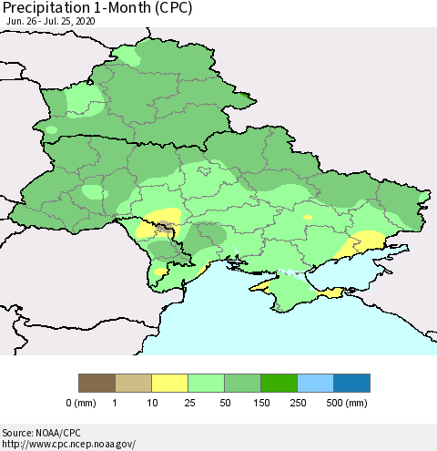 Ukraine, Moldova and Belarus Precipitation 1-Month (CPC) Thematic Map For 6/26/2020 - 7/25/2020
