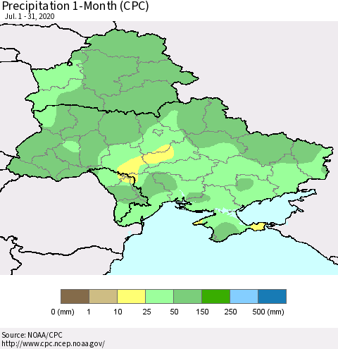 Ukraine, Moldova and Belarus Precipitation 1-Month (CPC) Thematic Map For 7/1/2020 - 7/31/2020