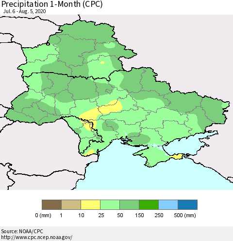 Ukraine, Moldova and Belarus Precipitation 1-Month (CPC) Thematic Map For 7/6/2020 - 8/5/2020
