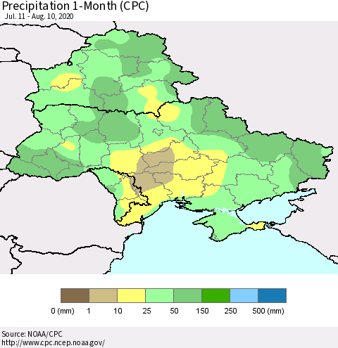 Ukraine, Moldova and Belarus Precipitation 1-Month (CPC) Thematic Map For 7/11/2020 - 8/10/2020