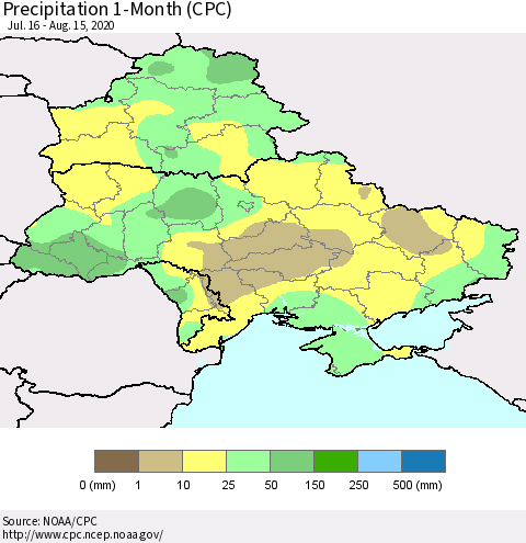 Ukraine, Moldova and Belarus Precipitation 1-Month (CPC) Thematic Map For 7/16/2020 - 8/15/2020