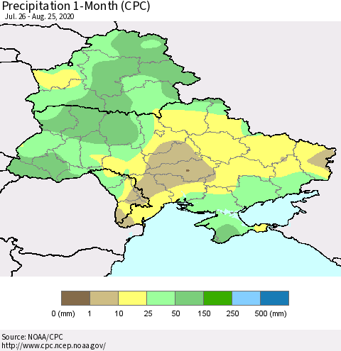 Ukraine, Moldova and Belarus Precipitation 1-Month (CPC) Thematic Map For 7/26/2020 - 8/25/2020