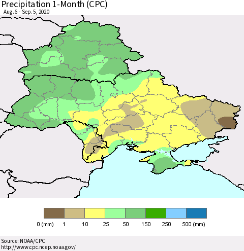 Ukraine, Moldova and Belarus Precipitation 1-Month (CPC) Thematic Map For 8/6/2020 - 9/5/2020