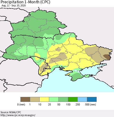 Ukraine, Moldova and Belarus Precipitation 1-Month (CPC) Thematic Map For 8/11/2020 - 9/10/2020