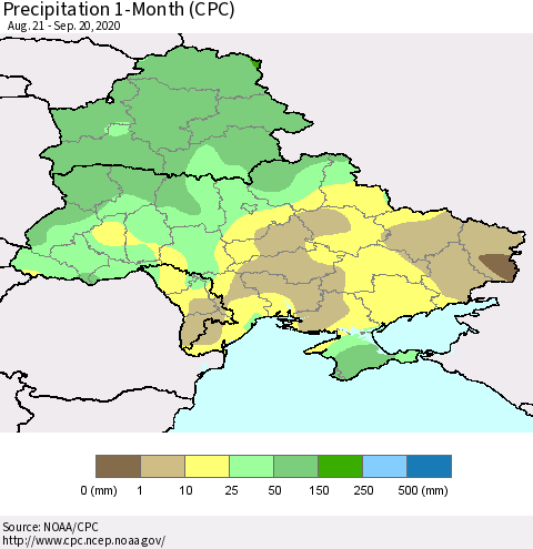 Ukraine, Moldova and Belarus Precipitation 1-Month (CPC) Thematic Map For 8/21/2020 - 9/20/2020