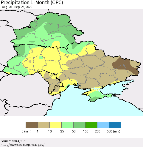 Ukraine, Moldova and Belarus Precipitation 1-Month (CPC) Thematic Map For 8/26/2020 - 9/25/2020
