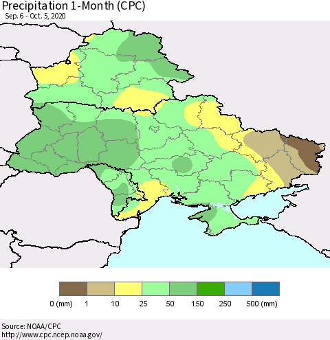Ukraine, Moldova and Belarus Precipitation 1-Month (CPC) Thematic Map For 9/6/2020 - 10/5/2020
