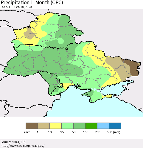 Ukraine, Moldova and Belarus Precipitation 1-Month (CPC) Thematic Map For 9/11/2020 - 10/10/2020