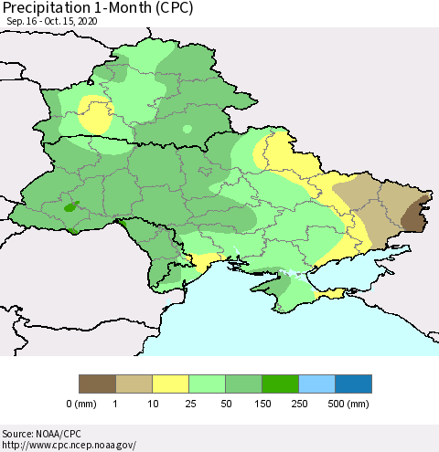 Ukraine, Moldova and Belarus Precipitation 1-Month (CPC) Thematic Map For 9/16/2020 - 10/15/2020