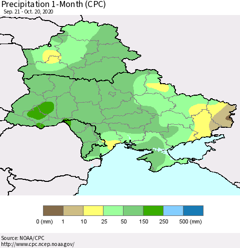 Ukraine, Moldova and Belarus Precipitation 1-Month (CPC) Thematic Map For 9/21/2020 - 10/20/2020
