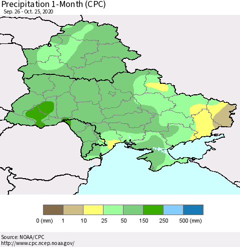 Ukraine, Moldova and Belarus Precipitation 1-Month (CPC) Thematic Map For 9/26/2020 - 10/25/2020