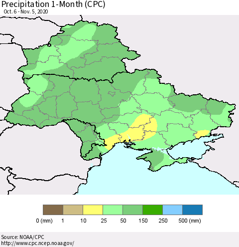 Ukraine, Moldova and Belarus Precipitation 1-Month (CPC) Thematic Map For 10/6/2020 - 11/5/2020