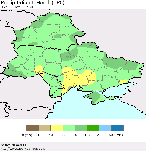 Ukraine, Moldova and Belarus Precipitation 1-Month (CPC) Thematic Map For 10/11/2020 - 11/10/2020