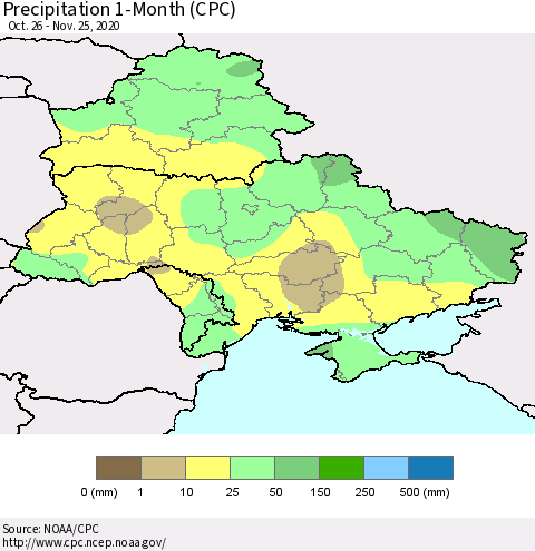 Ukraine, Moldova and Belarus Precipitation 1-Month (CPC) Thematic Map For 10/26/2020 - 11/25/2020