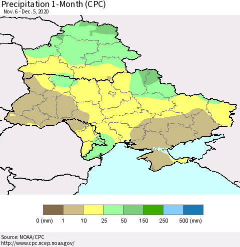 Ukraine, Moldova and Belarus Precipitation 1-Month (CPC) Thematic Map For 11/6/2020 - 12/5/2020