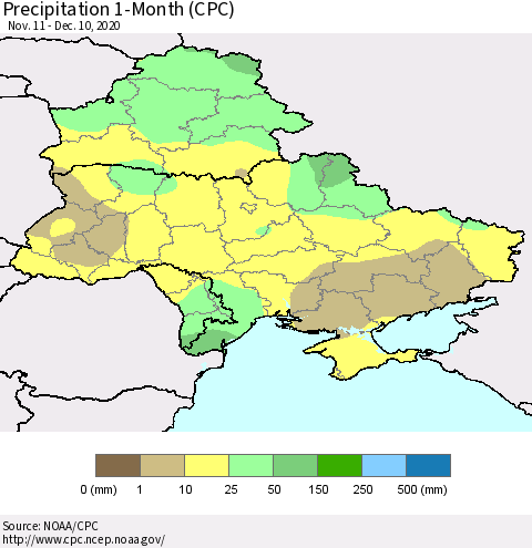 Ukraine, Moldova and Belarus Precipitation 1-Month (CPC) Thematic Map For 11/11/2020 - 12/10/2020