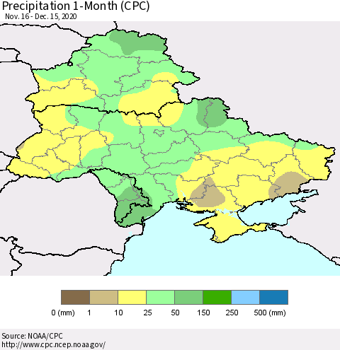 Ukraine, Moldova and Belarus Precipitation 1-Month (CPC) Thematic Map For 11/16/2020 - 12/15/2020