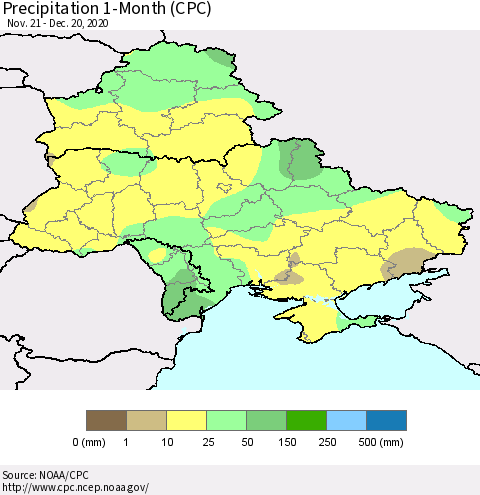 Ukraine, Moldova and Belarus Precipitation 1-Month (CPC) Thematic Map For 11/21/2020 - 12/20/2020