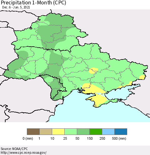 Ukraine, Moldova and Belarus Precipitation 1-Month (CPC) Thematic Map For 12/6/2020 - 1/5/2021
