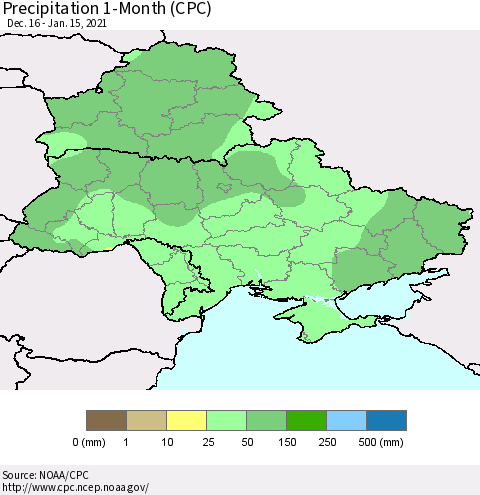Ukraine, Moldova and Belarus Precipitation 1-Month (CPC) Thematic Map For 12/16/2020 - 1/15/2021
