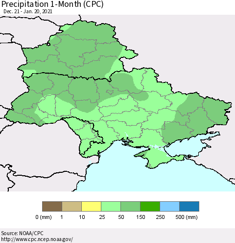 Ukraine, Moldova and Belarus Precipitation 1-Month (CPC) Thematic Map For 12/21/2020 - 1/20/2021