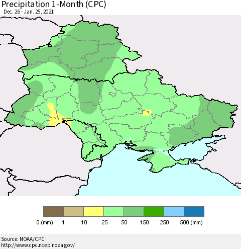 Ukraine, Moldova and Belarus Precipitation 1-Month (CPC) Thematic Map For 12/26/2020 - 1/25/2021