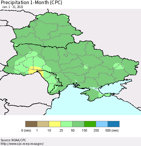 Ukraine, Moldova and Belarus Precipitation 1-Month (CPC) Thematic Map For 1/1/2021 - 1/31/2021