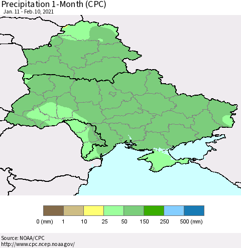 Ukraine, Moldova and Belarus Precipitation 1-Month (CPC) Thematic Map For 1/11/2021 - 2/10/2021