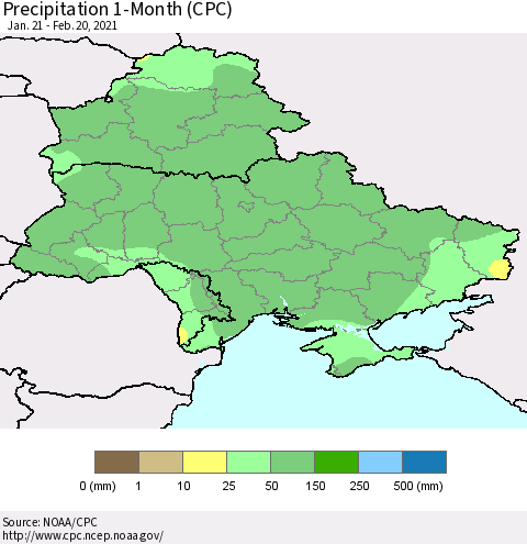 Ukraine, Moldova and Belarus Precipitation 1-Month (CPC) Thematic Map For 1/21/2021 - 2/20/2021