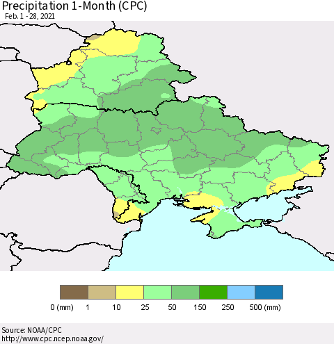 Ukraine, Moldova and Belarus Precipitation 1-Month (CPC) Thematic Map For 2/1/2021 - 2/28/2021